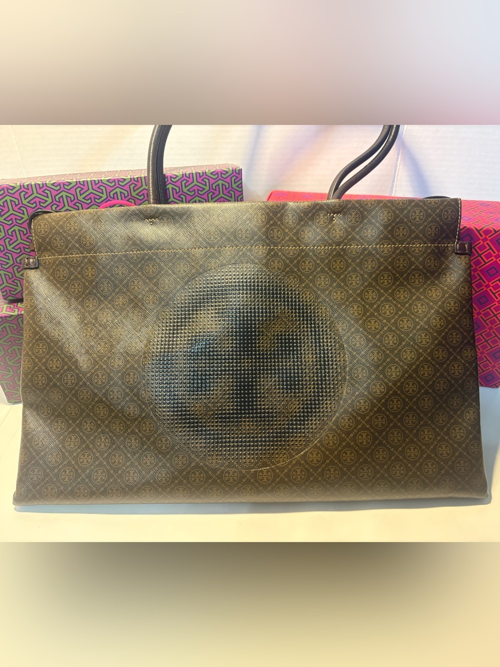 Tory Burch Brown monogram canvas Tote with Black Handles NWOT